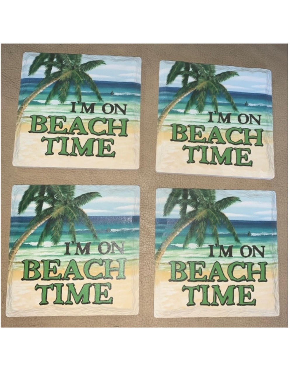 Home Essentials Set of 4 I’m On Beach Time Coasters NIB Ocean Palm Trees NIB